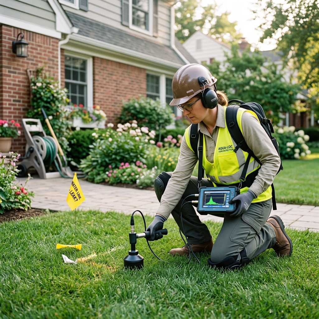 Plumbing technician using electronic acoustic pipe locator and moisture meter in a Santa Fe home