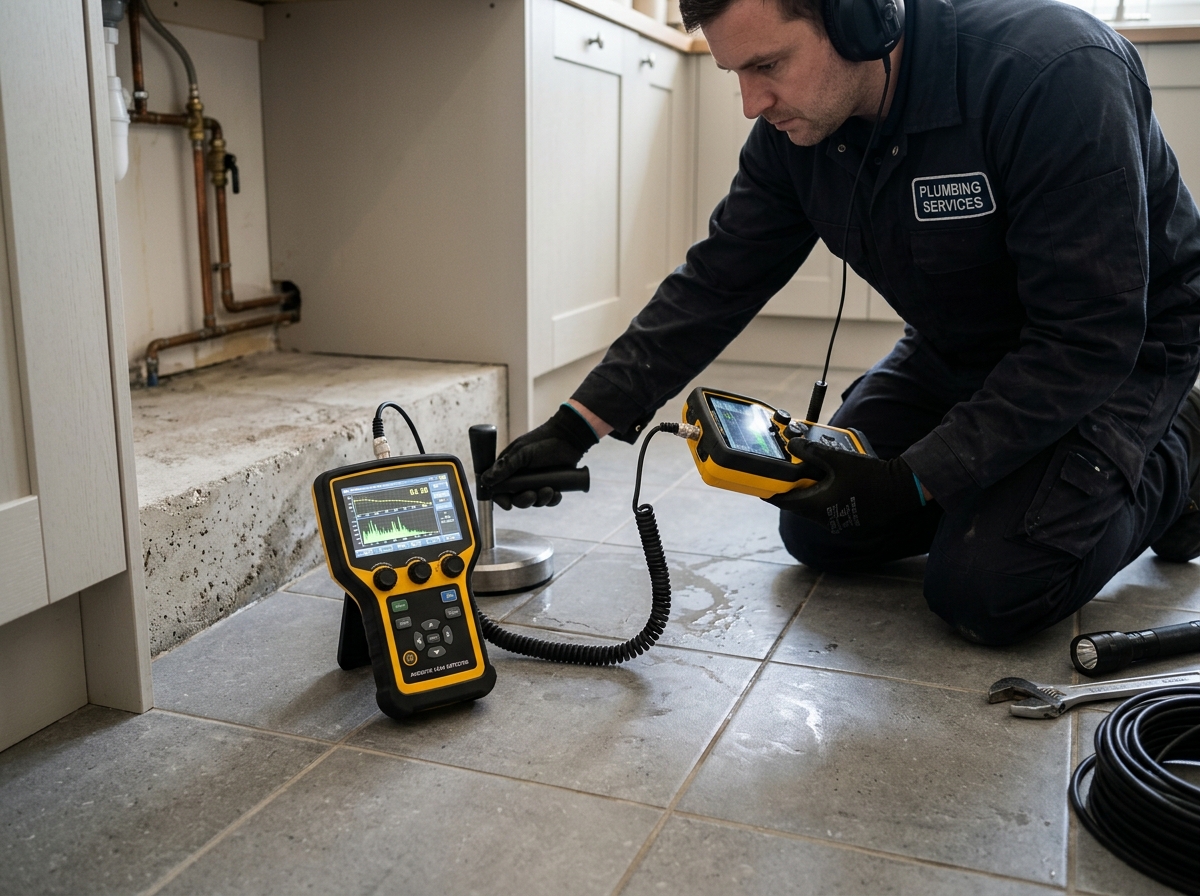 Plumber using acoustic ground microphone and digital leak detector to locate slab leak in Santa Fe