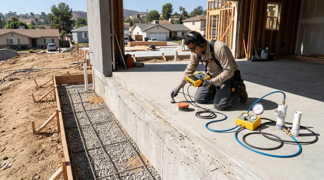 Plumber inspecting a residential slab foundation for pressurized water leaks in Santa Fe